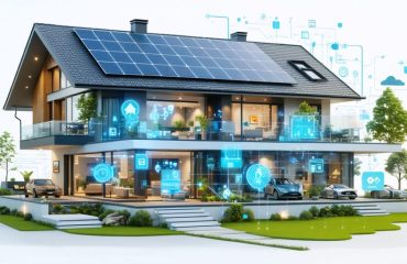 Digital illustration of a modern home showcasing cutting-edge solar technology, including solar roof tiles and a smart energy management system with connected devices.