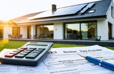A modern home with solar panels capturing sunlight, surrounded by a calculator and tax forms emphasizing the financial savings and incentives associated with renewable energy adoption.