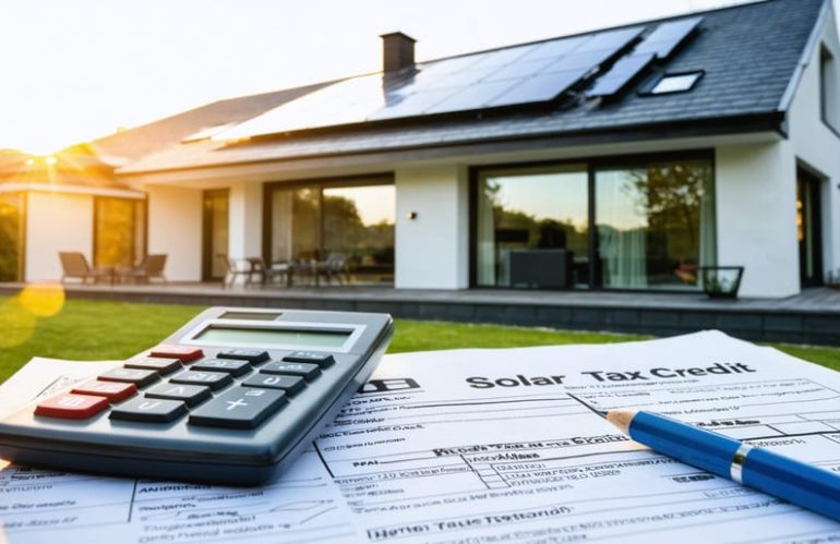 A modern home with solar panels capturing sunlight, surrounded by a calculator and tax forms emphasizing the financial savings and incentives associated with renewable energy adoption.