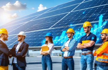 A diverse group of professionals, including installers, engineers, and salespeople, working in the solar industry with solar panels and growth charts in the background, representing career opportunities and industry expansion.