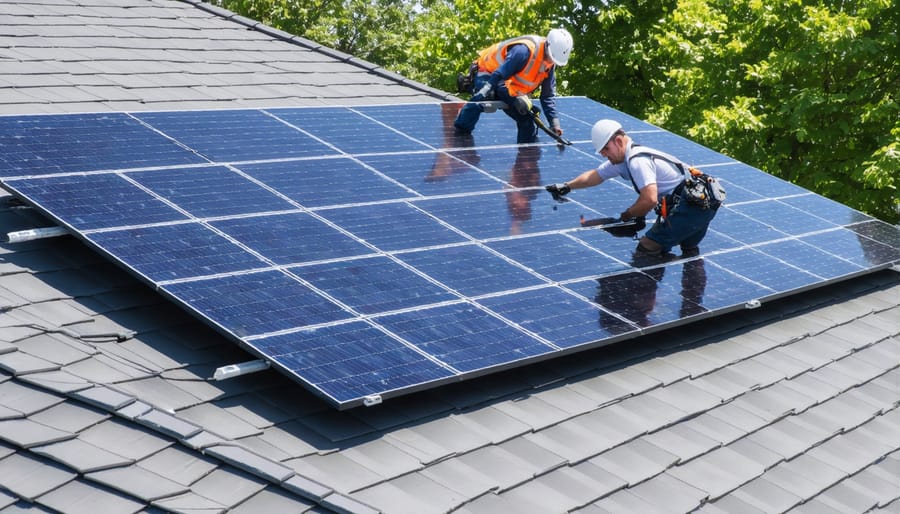 Two certified solar installers mounting solar panels on a sunny residential roof