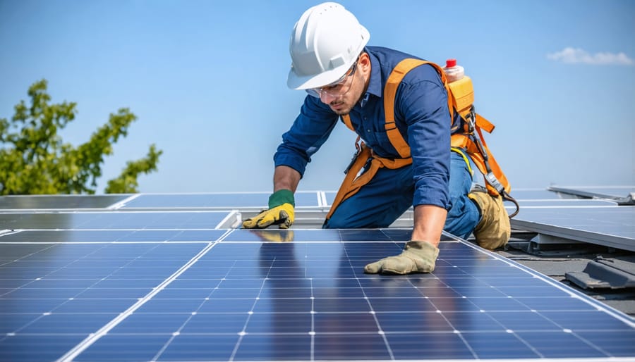 Professional solar installer demonstrating proper personal protective equipment usage during installation