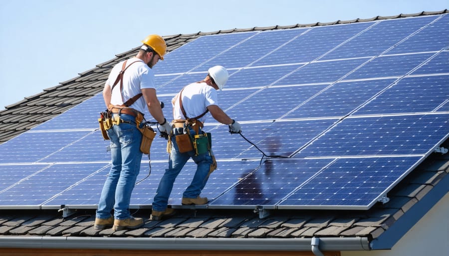 Team of professional solar installers mounting solar panels on a residential roof