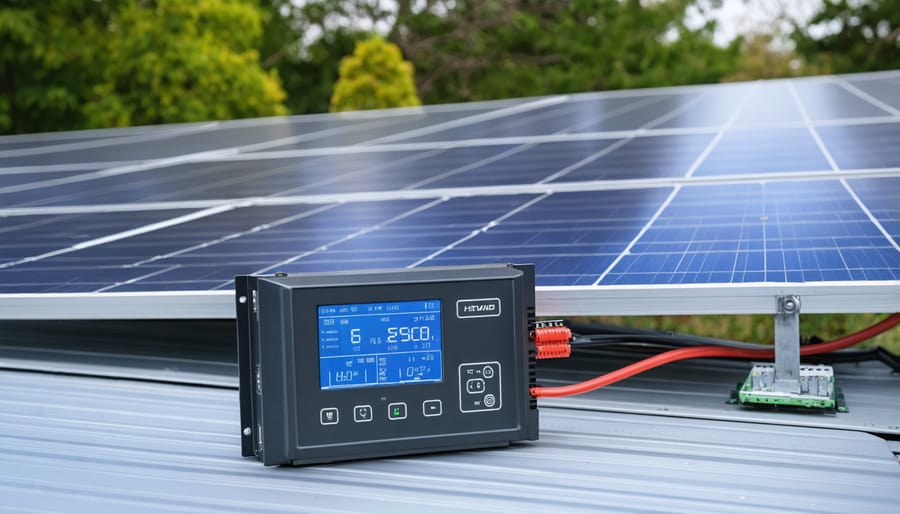 Technician performing maintenance check on residential solar inverter system