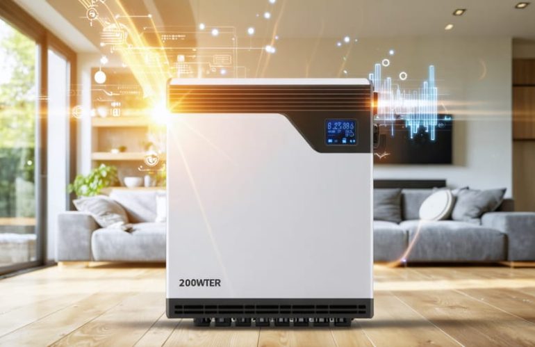 Illustration of a 2000W solar inverter powering various household appliances, symbolizing its central role in home energy management and efficiency.