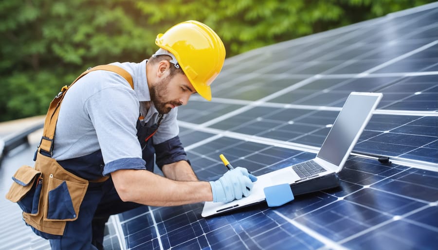 Professional technician conducting safety inspection of residential solar system