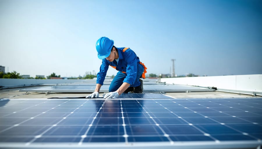 Solar technician inspecting panels and checking connections on residential roof