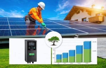 Collage showing various aspects of solar panel maintenance, including cleaning, inverter checks, and a graph of long-term energy savings.