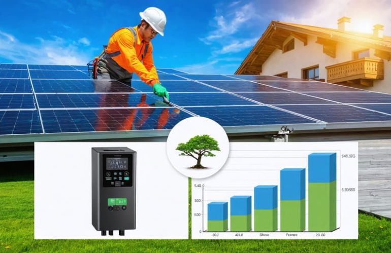 Collage showing various aspects of solar panel maintenance, including cleaning, inverter checks, and a graph of long-term energy savings.