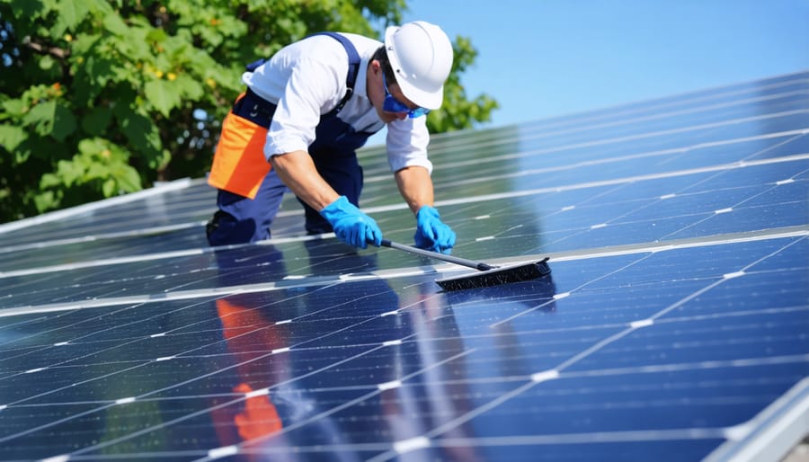 Solar panel cleaning professional using specialized equipment on home solar installation