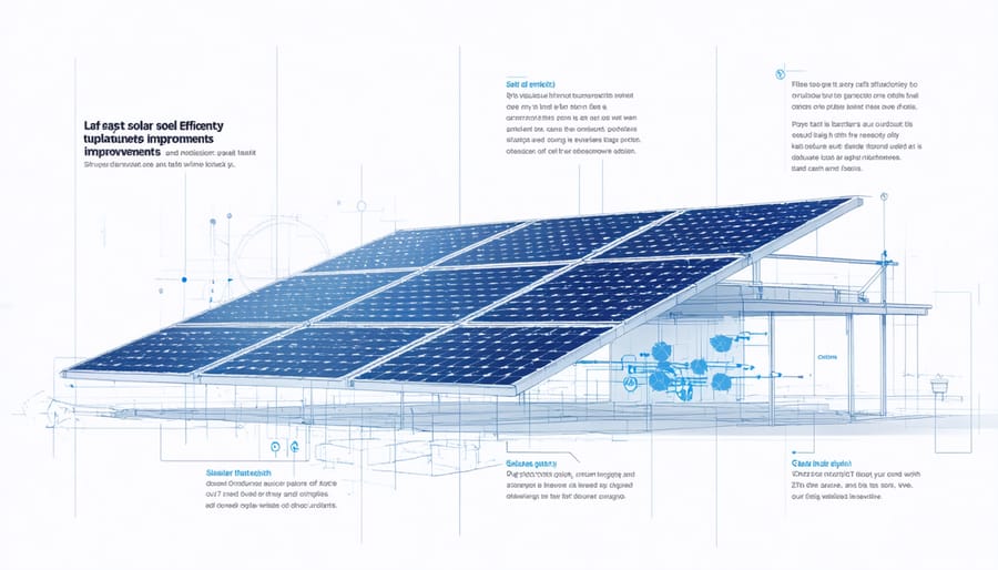 Infographic depicting solar cell layers and efficiency comparison metrics