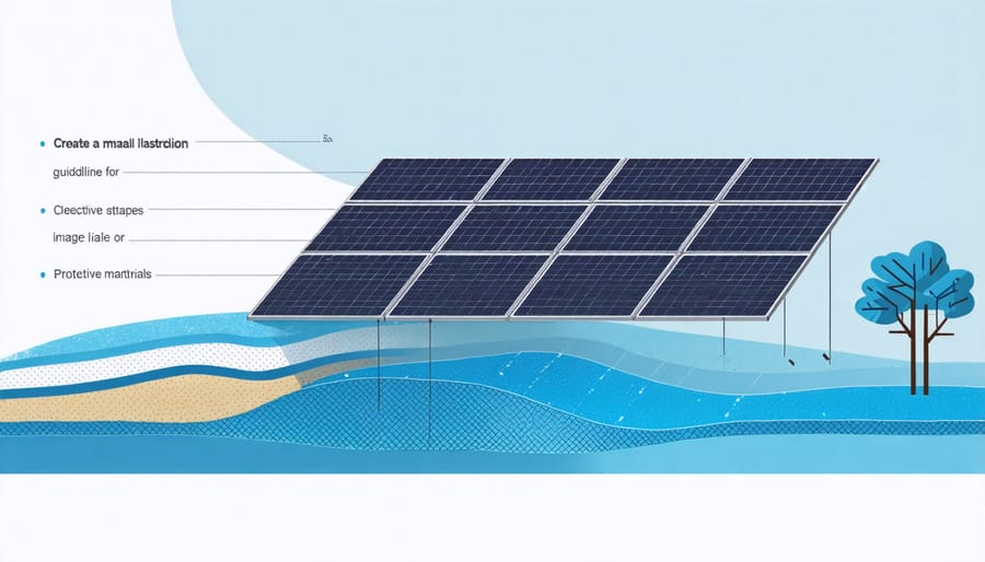 Labeled diagram showing different layers of a solar panel including glass, encapsulant, cells, and backsheet
