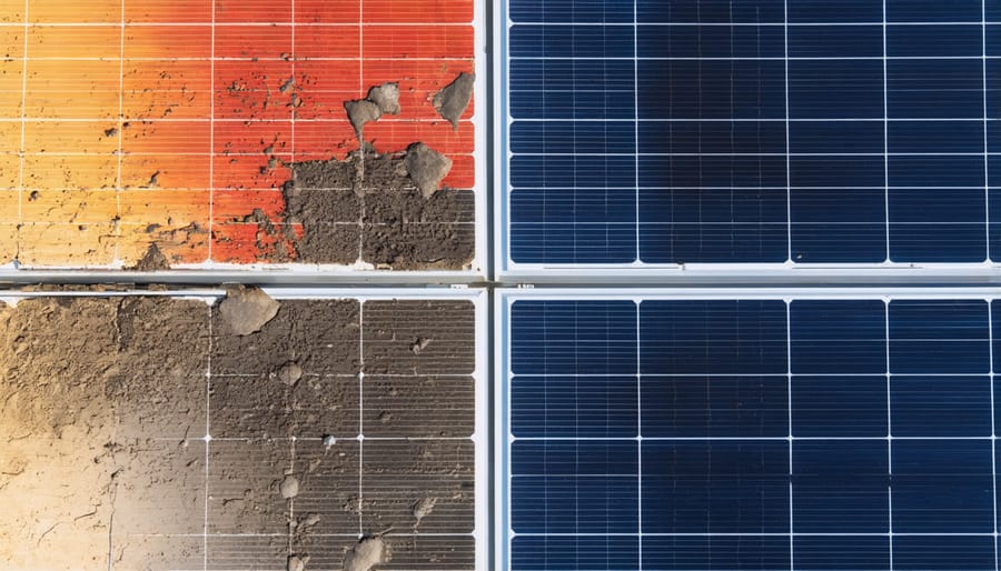Side-by-side comparison of dirty versus clean solar panels showing visible difference in condition