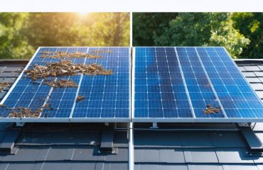 Side-by-side comparison of a dirty solar panel with debris and bird nests versus a clean, well-maintained solar panel, emphasizing the impact of regular solar system care on energy efficiency.