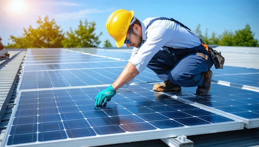 Technician cleaning and inspecting residential solar panel installation