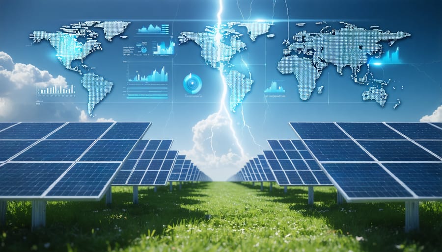 Solar panel monitoring system display showing performance data during intense solar activity