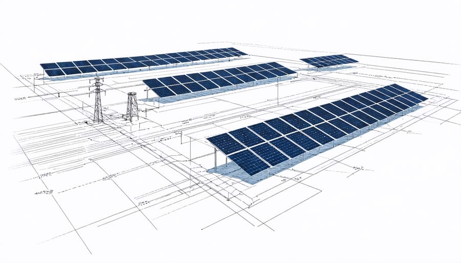 Technical illustration of solar panel layout and spacing optimization for agricultural land