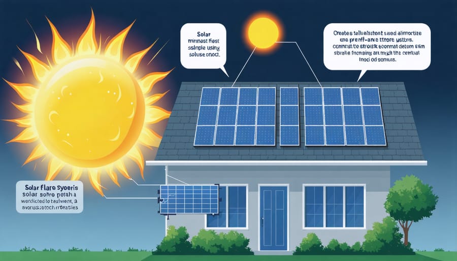 Diagram illustrating how solar flares affect home solar panel systems and their protective features
