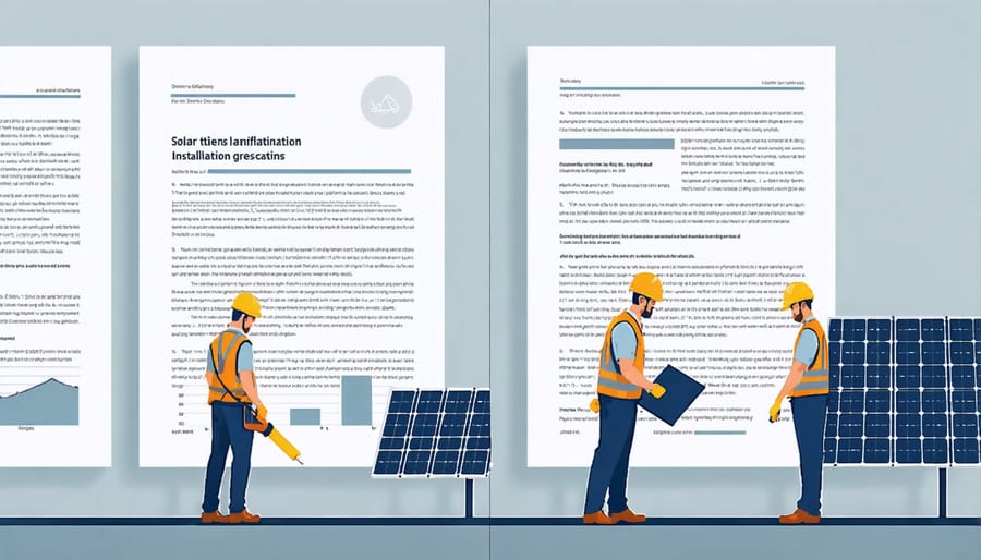 Solar installation professionals working with policy documentation overlay