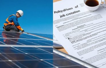 A solar panel installation technician fitting panels under the guidance of visible policy documents, symbolizing how changes in solar policy are creating new job opportunities.