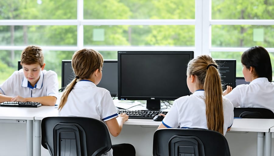 Children using computers in a rural school's solar-powered digital learning center