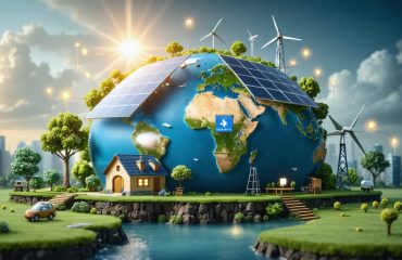A conceptual representation of a globe powered by solar panels, connecting essential services such as healthcare, clean water, education, and communication, illustrating the transformative impact of solar energy worldwide.