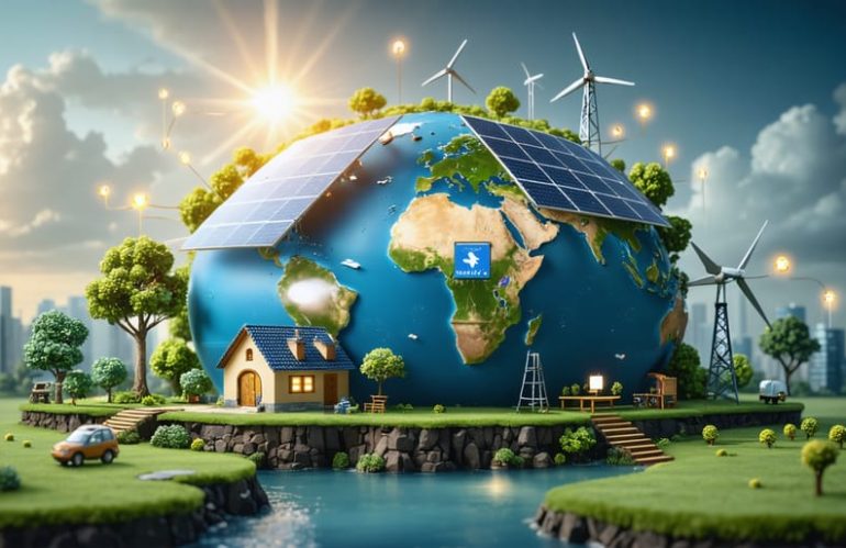 A conceptual representation of a globe powered by solar panels, connecting essential services such as healthcare, clean water, education, and communication, illustrating the transformative impact of solar energy worldwide.