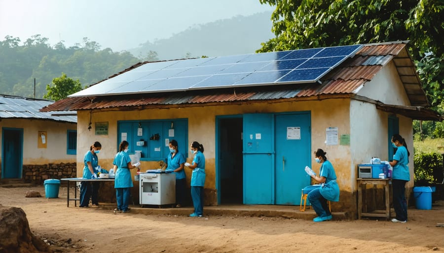 Rural medical facility powered by rooftop solar panels with doctors treating patients