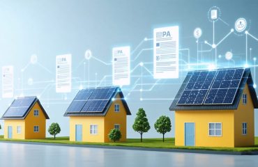 Conceptual illustration of various residential homes with solar panels on roofs connected by glowing lines, representing the financial benefits and accessibility of solar Power Purchase Agreements.