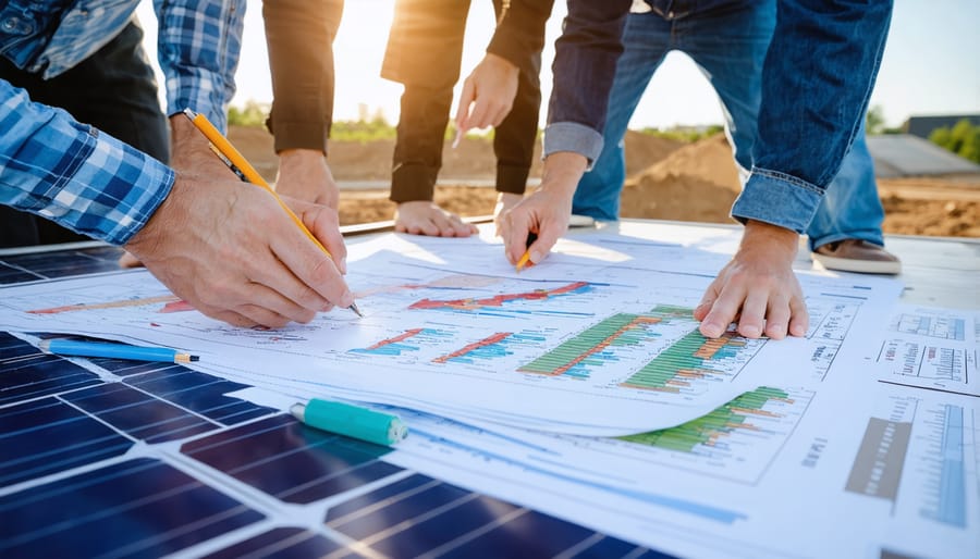 Project finance managers examining solar installation plans with solar panels in background