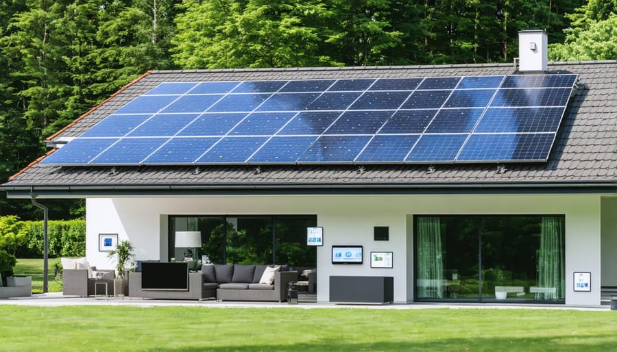 Residential house equipped with rooftop solar panels and smart home technology