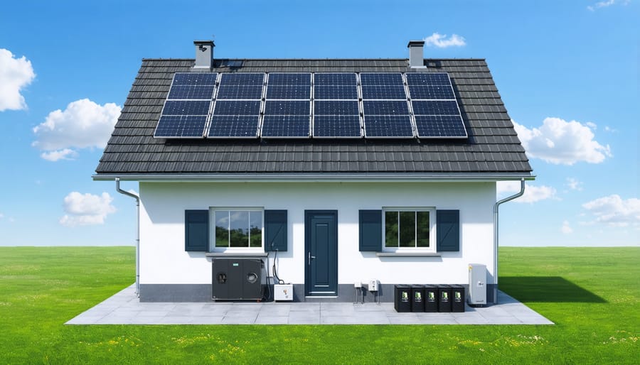 Modern house featuring rooftop solar installation and visible battery storage unit connected to smart grid