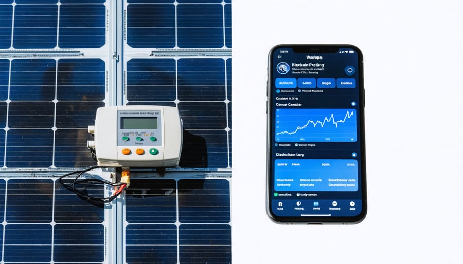 Digital meter reading from solar panels next to a mobile app showing real-time energy trading interface