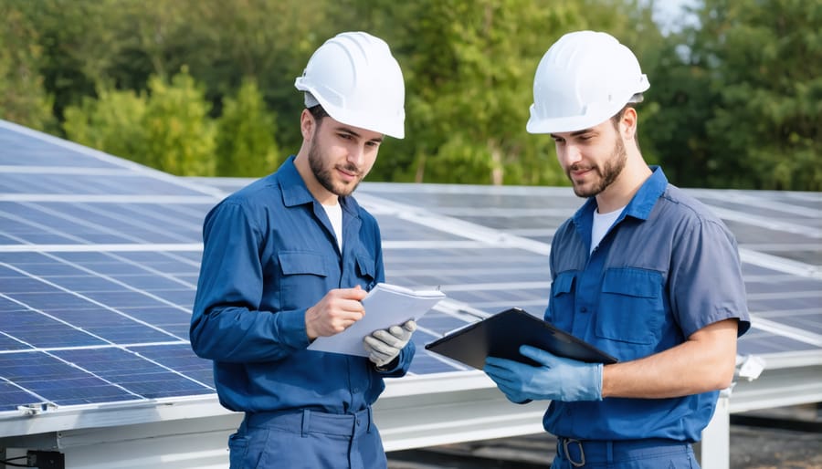 Diverse group of trainees practicing solar panel maintenance in a technical training facility