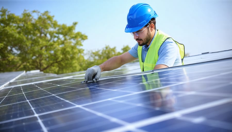 Trainee practicing solar panel installation in a professional training environment