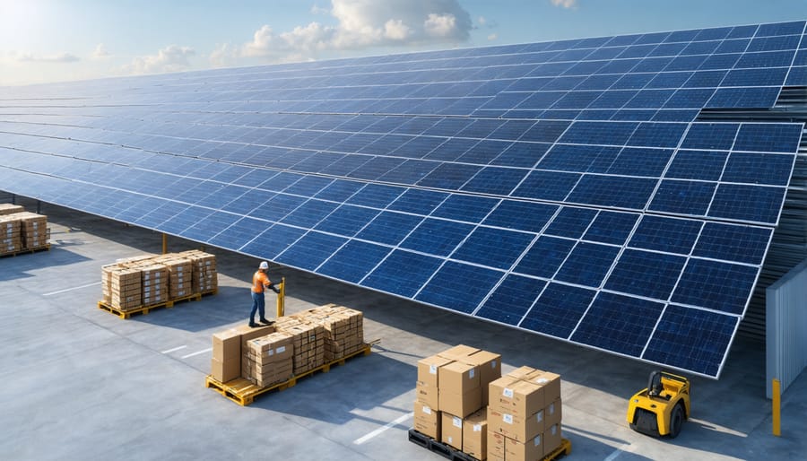 Solar panel warehouse workers operating forklifts and managing inventory