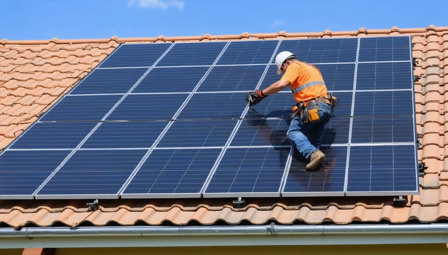 Solar water heater installation process on home rooftop