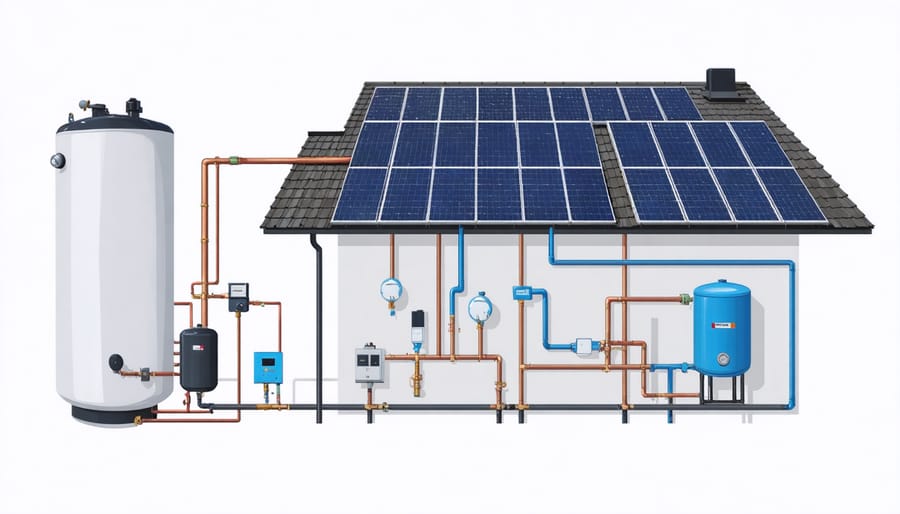 Technical diagram of solar water heating system components and their connections