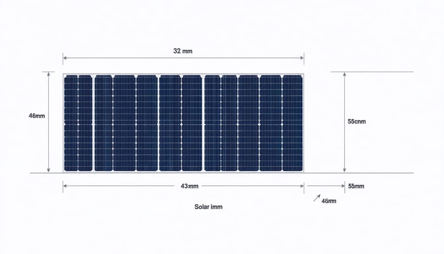 Technical diagram illustrating typical solar panel dimensions including length, width, and depth measurements