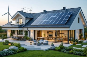 A contemporary residence featuring rooftop solar panels, a backyard wind turbine, and lush greenery symbolizing integrated renewable energy systems for eco-friendly living.