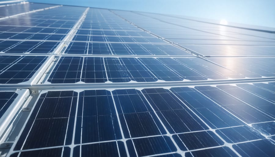 Close-up of mounting brackets and rails being installed for vertical solar panels on a building wall