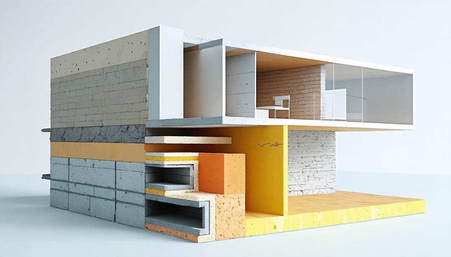 Cross-section of an energy-efficient wall showing various insulation layers