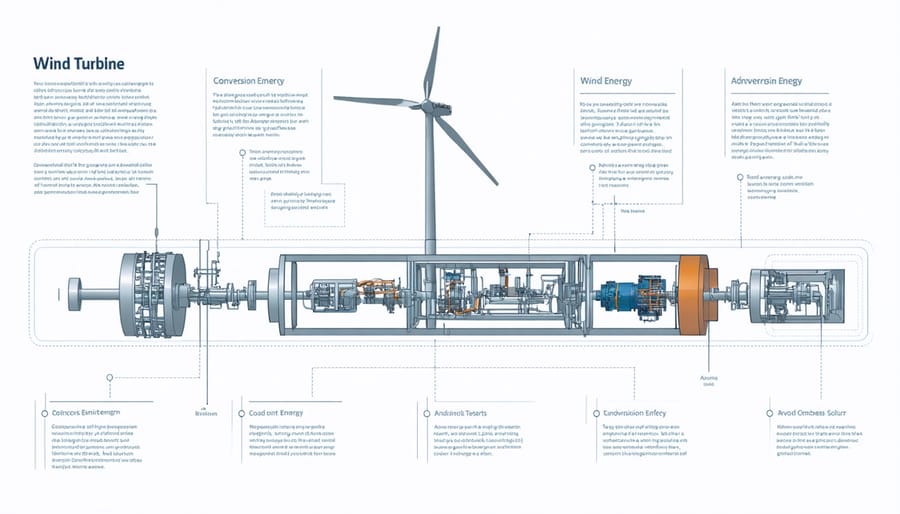 Cross-section diagram of wind turbine showing rotor, generator, and power conversion components