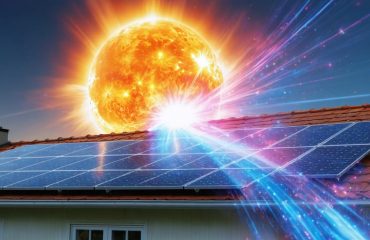 Conceptual illustration of a solar flare interacting with a home's solar panels, showcasing protective energy shields around the panels against vibrant radiation waves.