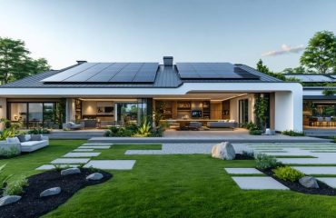 Exterior view of a contemporary zero-energy home with solar panels on the roof, featuring energy-efficient design elements and surrounded by green landscape.