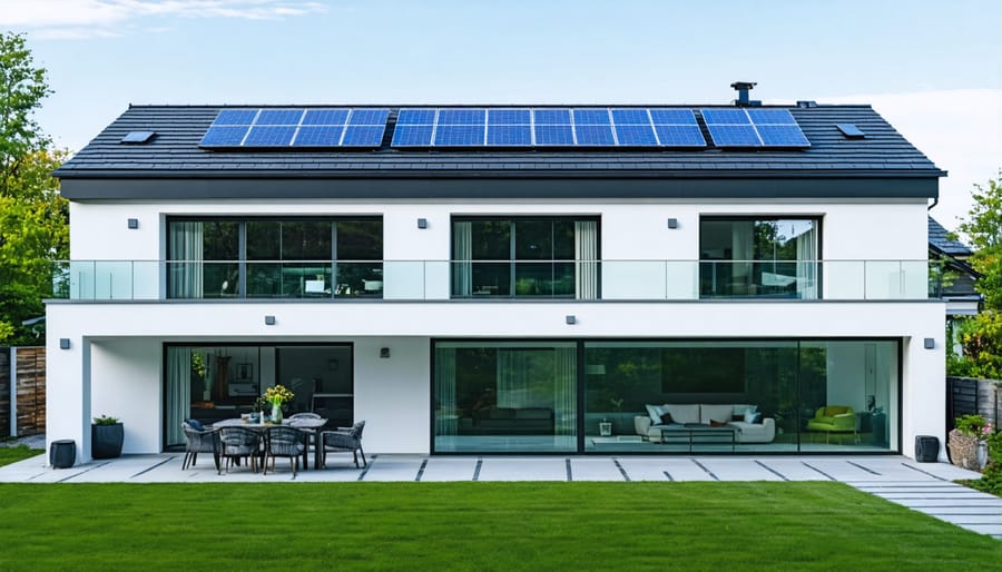 Contemporary zero-energy house with integrated solar panels and energy-efficient features