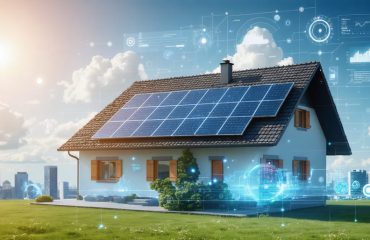 Conceptual illustration depicting AI-driven solar panel placement on a house with data visualizations and digital overlays, representing predictive analytics in renewable energy.