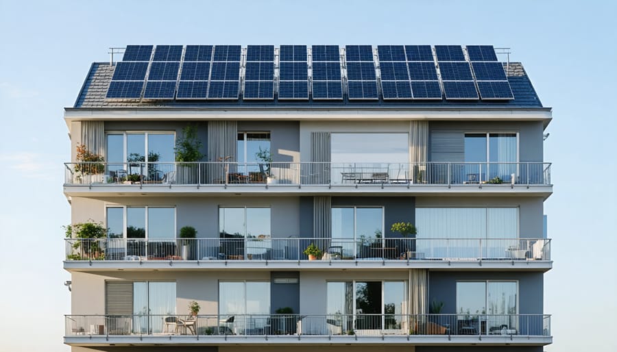 Large residential apartment complex featuring solar panels installed across its rooftop