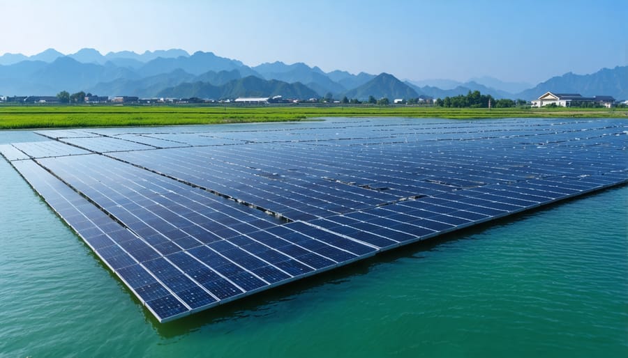 Massive floating solar installation on a lake in China with mountainous landscape