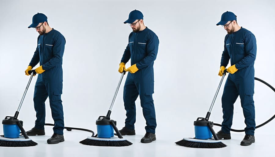 Sequential demonstration of solar panel cleaning steps using ground-level equipment